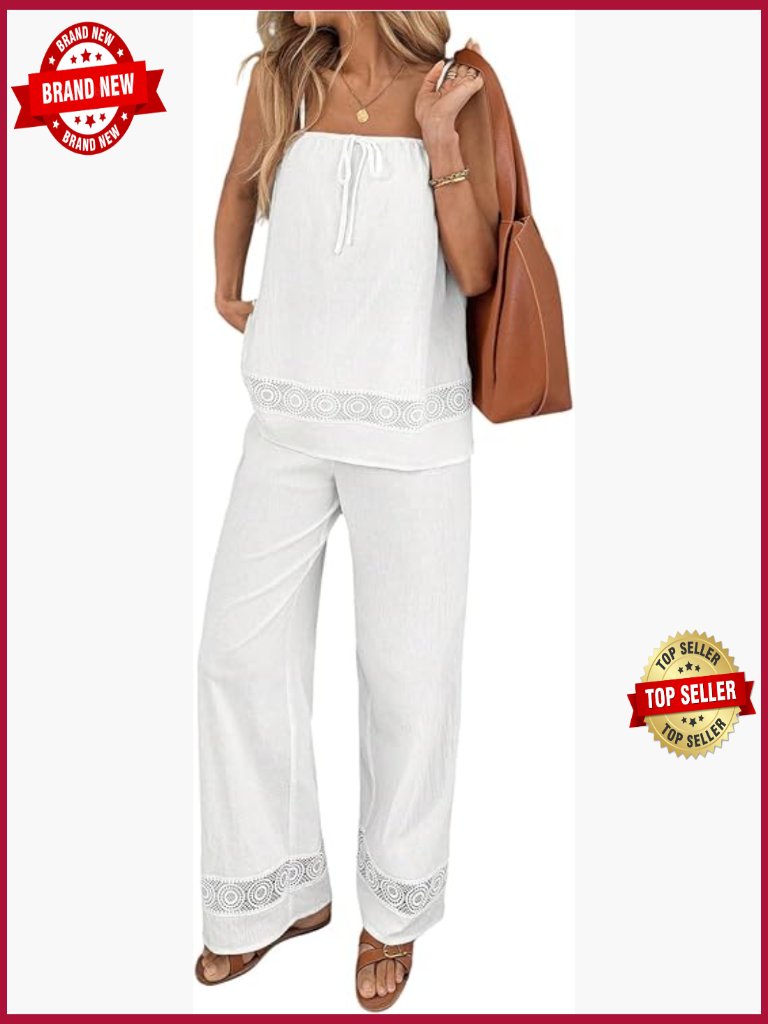 2 Piece Summer Vacation Outfits Wide Leg Pants Set Tie Front Cami Top